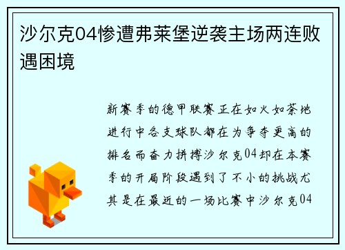 沙尔克04惨遭弗莱堡逆袭主场两连败遇困境