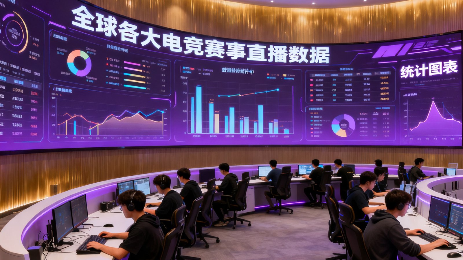 宽敞明亮的电竞数据分析中心内，二十余位分析师专注地坐在弧形排列的工位上，墙面上巨大的LED屏幕实时滚动着全球各大电竞赛事的直播数据和统计图表，室内灯光以柔和的紫色和金色为主调，营造出专业而富有活力的工作氛围。