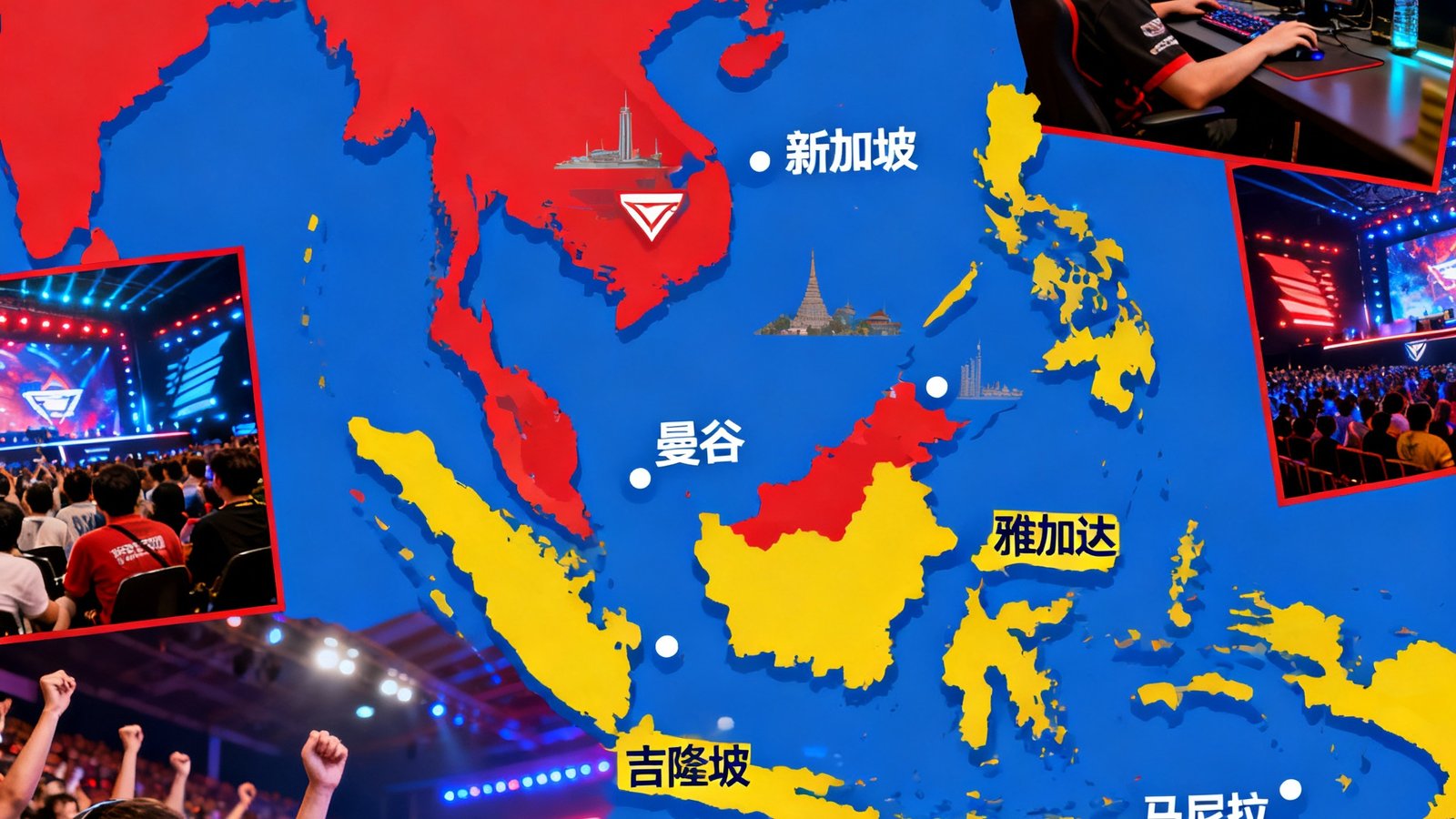 东南亚地图上标注了多个电竞热点城市，配以当地赛事现场照片拼贴，色彩鲜艳充满活力，展示了该地区电竞产业的蓬勃发展态势。