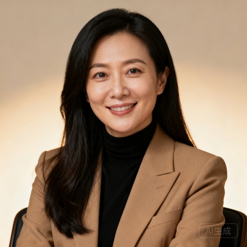 一位约33岁的女性咨询合伙人的专业肖像，长发披肩，身着驼色西装外套内搭黑色高领衫，背景为温暖的中性色调，微笑中带着职业自信。